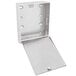 A stainless steel metal box with a metal cover.