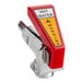 A Bunn hot water faucet with a red cover over the metal piece and a red and yellow warning sign.
