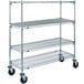 A chrome Metro wire shelving unit with four shelves and rubber casters.