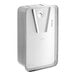 A white rectangular Bobrick soap dispenser with a silver rectangular handle.