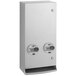 A white rectangular stainless steel Bobrick sanitary napkin and tampon dispenser with buttons.