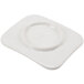 A rectangular white melamine plate with a round rim.