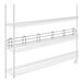 A black metal wire shelf ledge on a white metal shelving unit.