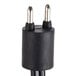 A close-up of a black electrical plug with two metal prongs.