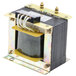 A small black and gold transformer with two wires.