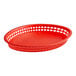 A red oval polypropylene basket with a handle and holes.