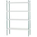 A white shelving unit with green metal rods on the bottom.