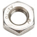 A close-up of a hexagonal nut with a circular screw.