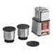 A commercial spice grinder with a stainless steel body, three grinding bowls with lids, and a clear top cover.