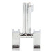 A silver metal hinge with two legs.