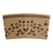 A brown printed coffee cup sleeve with coffee bean and leaf designs.