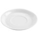 A close up of a CAC Collection bright white saucer with a round shape and small rim.
