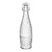 A clear glass Libbey water bottle with a clear wire bail lid.