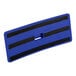 A blue rectangular plastic object with black stripes.