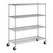 A Regency chrome wire shelving unit with wheels.