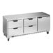 A silver stainless steel undercounter refrigerator with drawers.