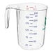 A clear WebstaurantStore plastic measuring cup with a handle and measuring scale in blue and red.