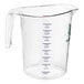 A clear plastic WebstaurantStore measuring cup with blue and white markings.