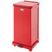 A red rectangular Rubbermaid medical step can with a lid.