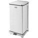 A white rectangular Rubbermaid stainless steel step can with a black lid.