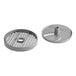 A pair of circular Robot Coupe metal dicing discs with holes.