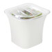 A Carlisle clear plastic lid on a square container.