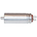 A silver metal capacitor with red lettering.