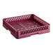 A burgundy plastic Vollrath flatware rack with a grid.