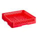 A red plastic Vollrath Traex flatware rack with holes and a handle.