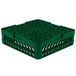 A green plastic rack with holes for Vollrath dish racks.