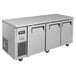 A large stainless steel Turbo Air undercounter refrigerator / freezer with three doors and a black handle.