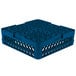 A Vollrath Traex blue plastic dish rack with holes.