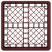 A Vollrath Traex full-size burgundy open rack with a square metal grate and red plastic crate with holes.
