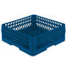 A Vollrath TR1AA Traex blue plastic dish rack shelf with square holes.