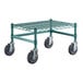 A green Regency epoxy coated metal dunnage rack with black wheels.