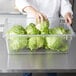 A chef holding a Rubbermaid clear polycarbonate food storage box of lettuce.