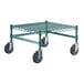 A green Regency metal dunnage shelf with black wheels.