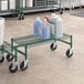 A Regency green epoxy coated mobile dunnage rack with bottles of liquid on it.