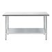 A stainless steel work table with a galvanized undershelf and four legs.