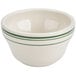A white bowl with green stripes on the rim.