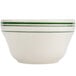A white bowl with a green line around the rim.