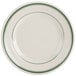 A white plate with green bands on the edge.