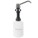 A white plastic bottle with a black handle and silver pump.