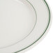 A white Homer Laughlin plate with green bands on the rim.