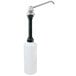 A white rectangular soap dispenser with a black screw.
