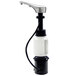 A white Bobrick deck mounted liquid soap dispenser with a black and white pump.
