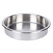 A close-up of a stainless steel bowl with a round rim.
