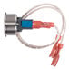 A Roundup momentary switch with red and white cables and a metal and plastic connector.