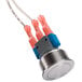 A white and silver Roundup momentary switch with two wires.