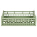 A light green plastic crate with metal rods.